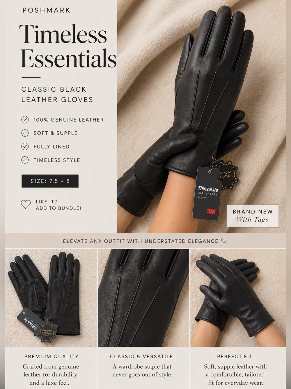 3M Thinsulate Black Leather Women's Gloves - Insulated Dress Gloves